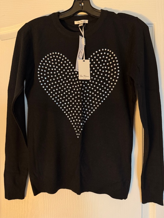 Vila Milano Sweaters - Vila Milano Black Crewneck Sweater with Crystal Heart.